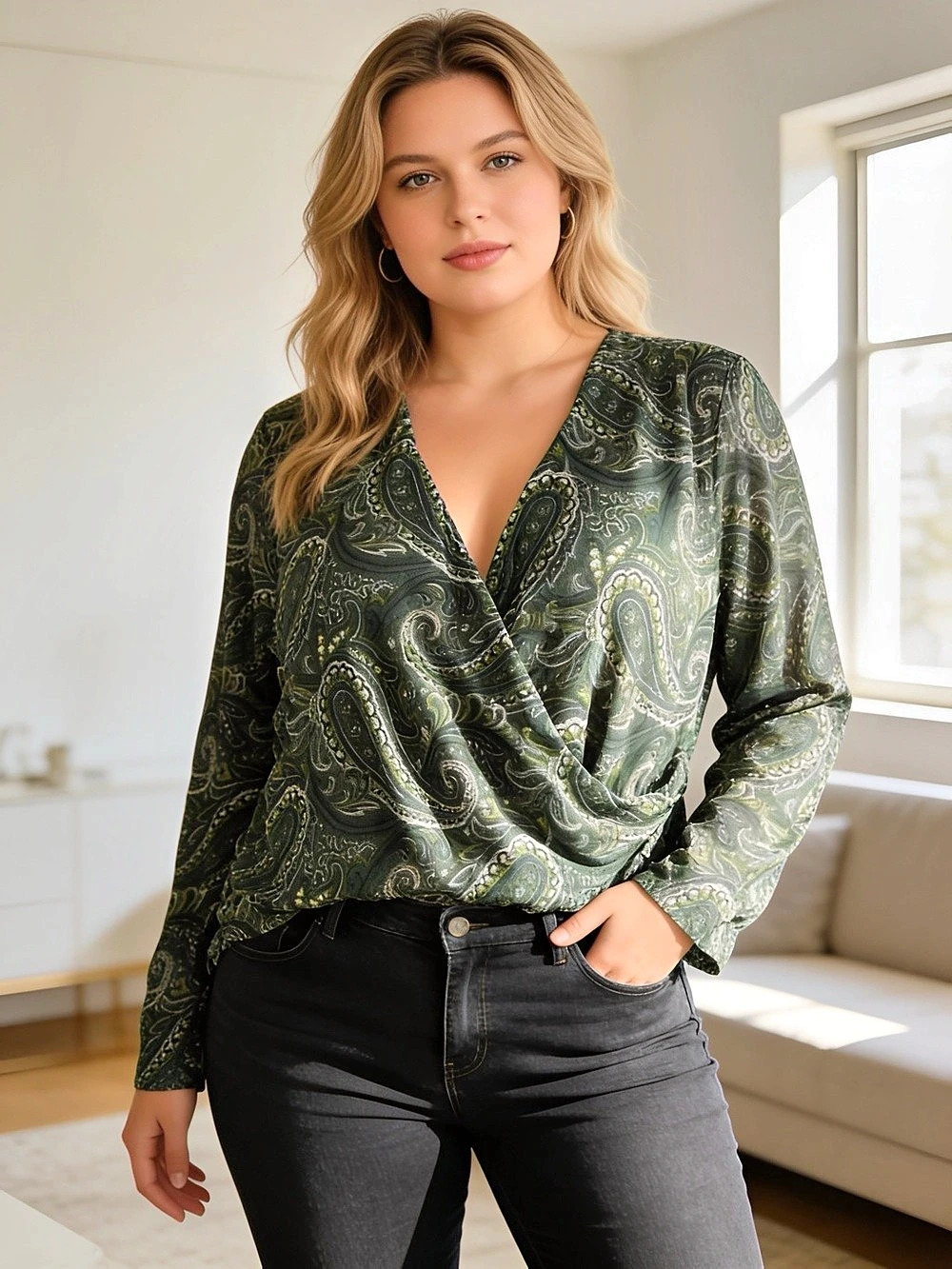 NC International Concepts Woman 1X Green Paisley Faux Wrap V-Neck Long Sleeve To